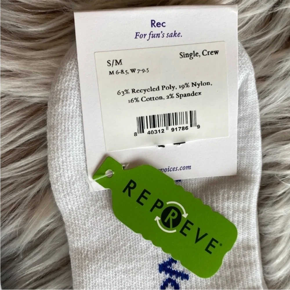 NWT Outdoor Voices Graphic Comfort Plush Crew Sock White / Blue 1 Pair